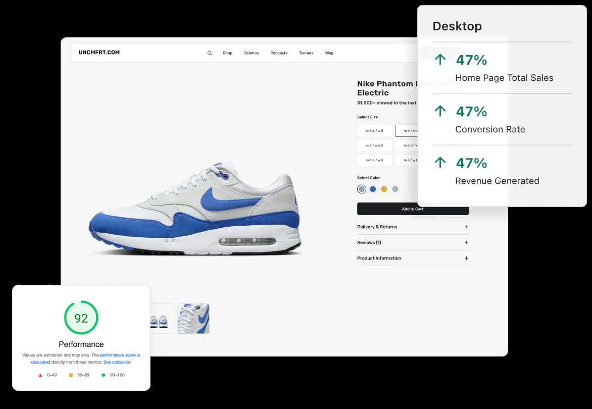 Shopify store performance dashboard showing app optimization results
