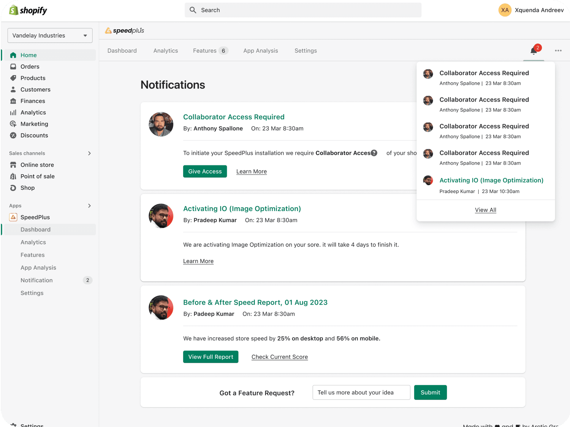 Custom Shopify app dashboard interface